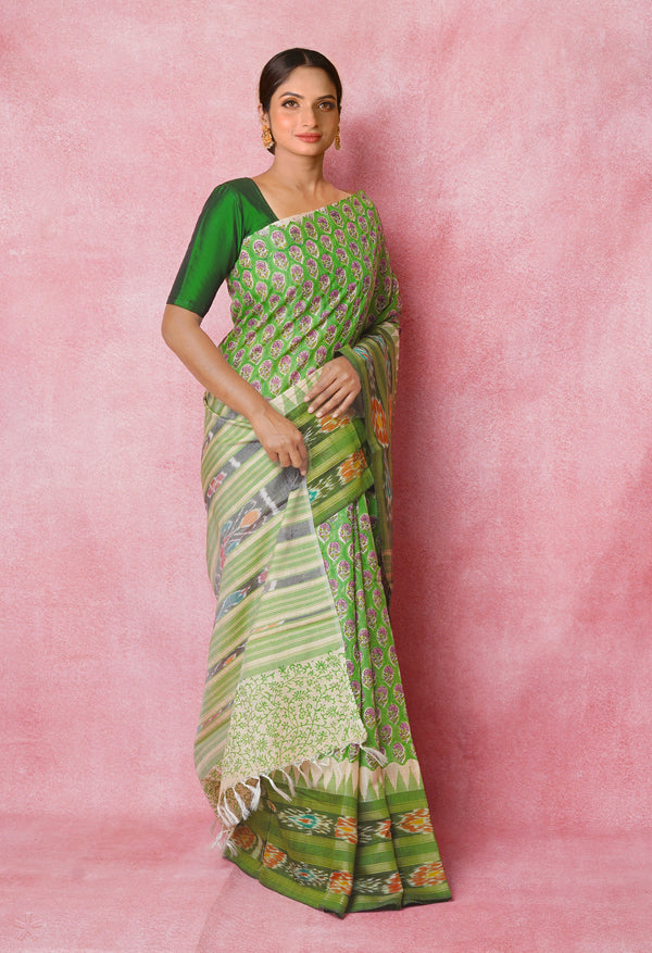 Green Pure Handloom Hand Block Printed Vidarbha Tussar Silk Saree-UNM74522