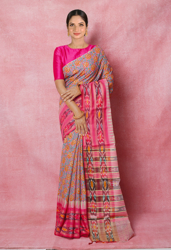 Baby Pink Pure Handloom Hand Block Printed Vidarbha Tussar Silk Saree-UNM74523