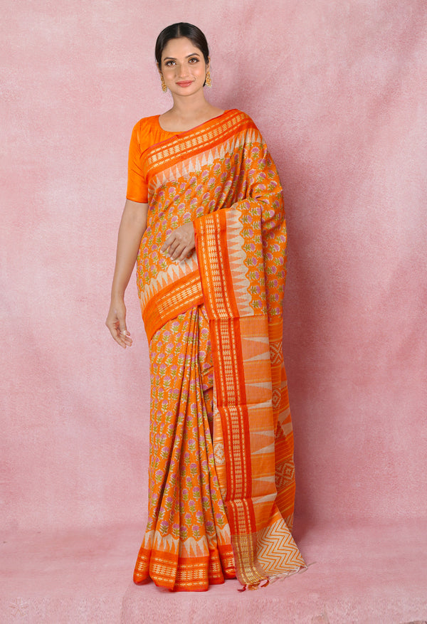 Orange Pure Handloom Hand Block Printed Vidarbha Tussar Silk Saree-UNM74524