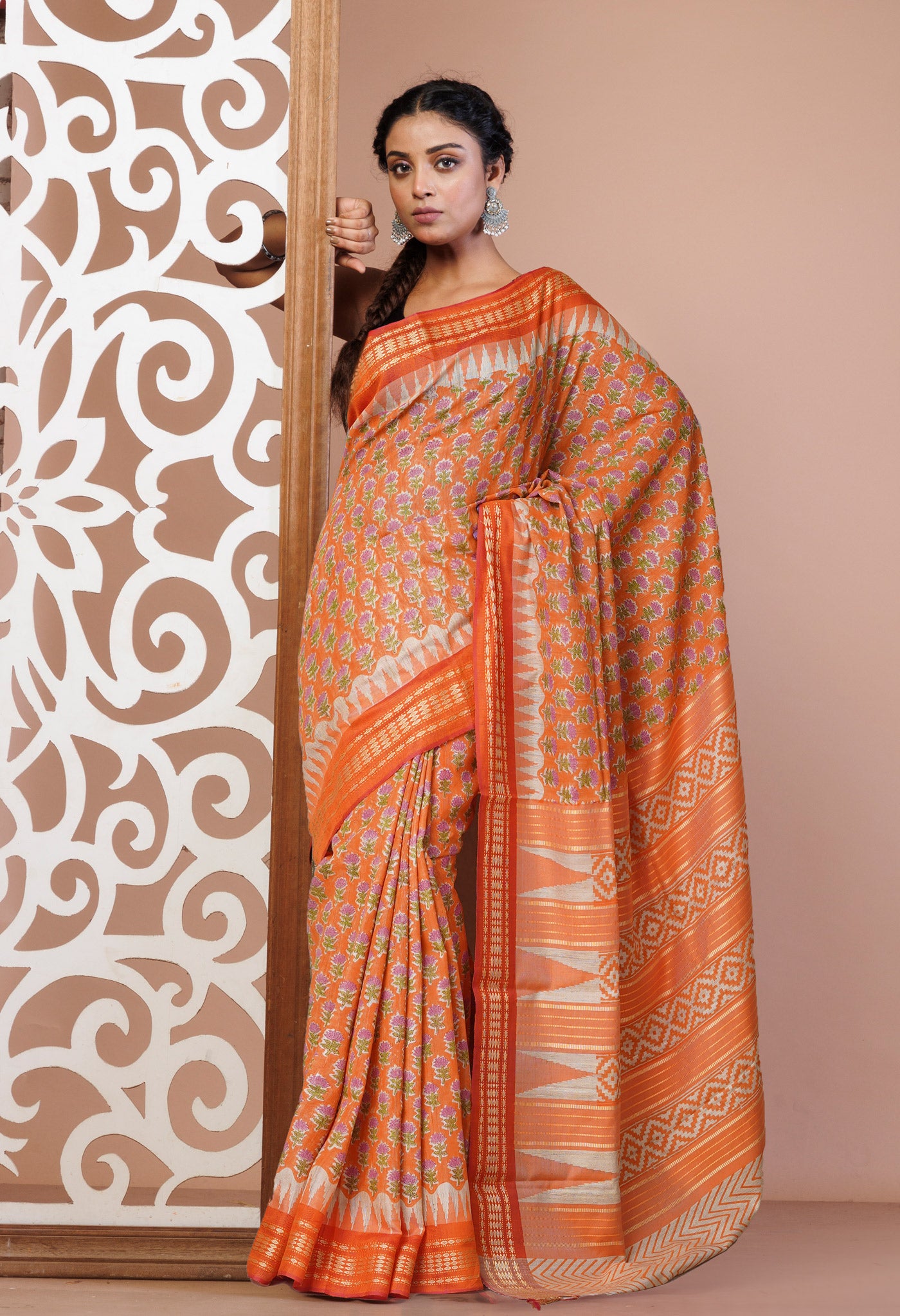 Orange Pure Handloom Hand Block Printed Vidarbha Tussar Silk Saree-UNM74524