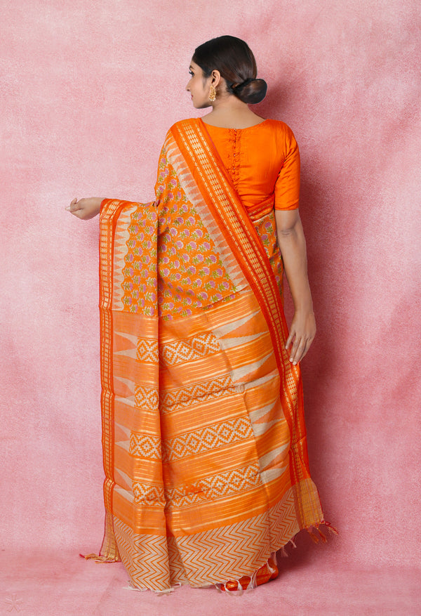 Orange Pure Handloom Hand Block Printed Vidarbha Tussar Silk Saree-UNM74524