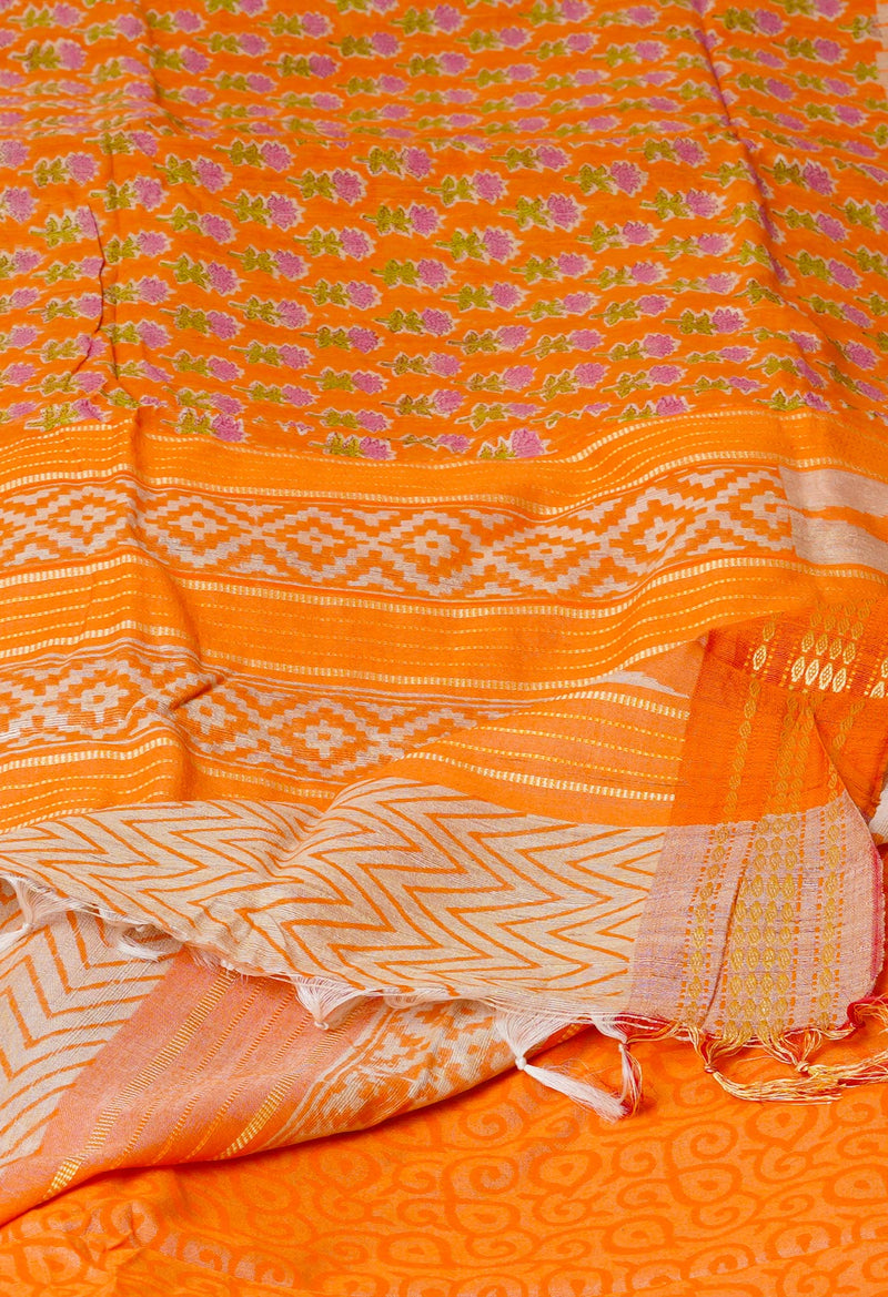 Orange Pure Handloom Hand Block Printed Vidarbha Tussar Silk Saree-UNM74524