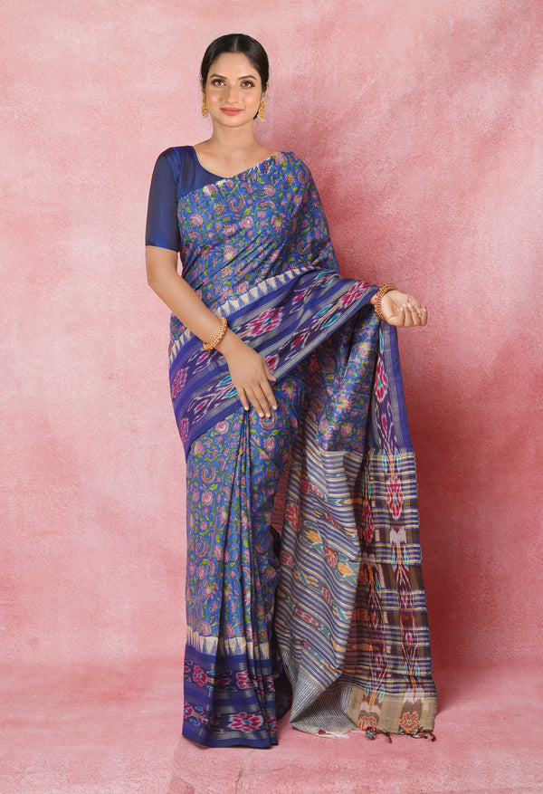 Blue Pure Handloom Hand Block Printed Vidarbha Tussar Silk Saree-UNM74525
