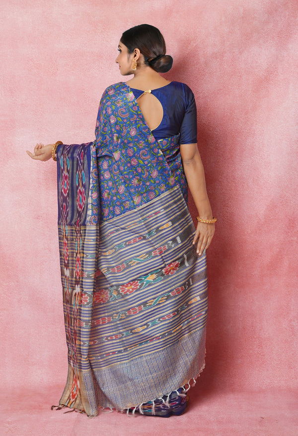 Blue Pure Handloom Hand Block Printed Vidarbha Tussar Silk Saree-UNM74525