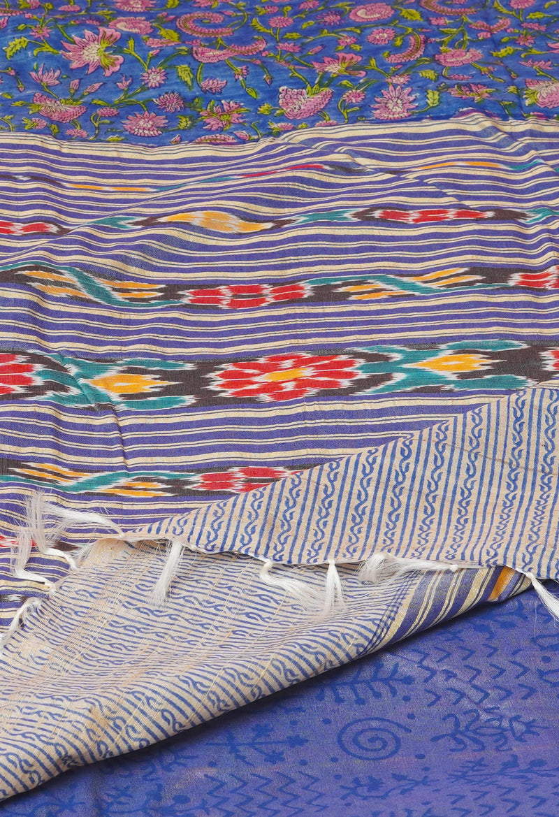 Blue Pure Handloom Hand Block Printed Vidarbha Tussar Silk Saree-UNM74525