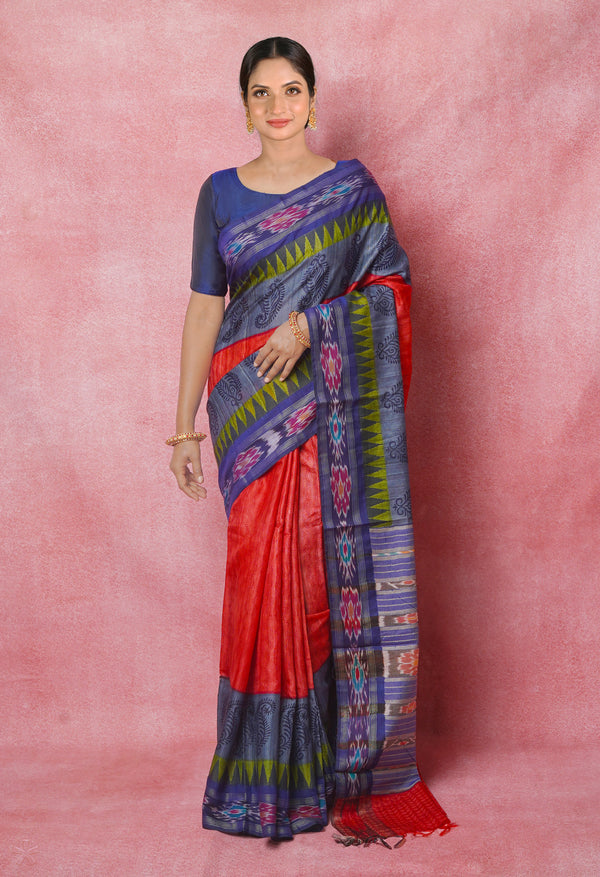 Red Pure Handloom Hand Block Printed Vidarbha Tussar Silk Saree-UNM74526
