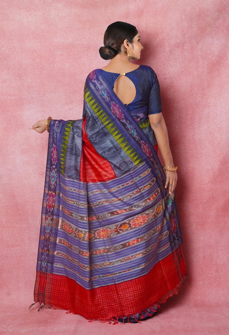 Red Pure Handloom Hand Block Printed Vidarbha Tussar Silk Saree-UNM74526