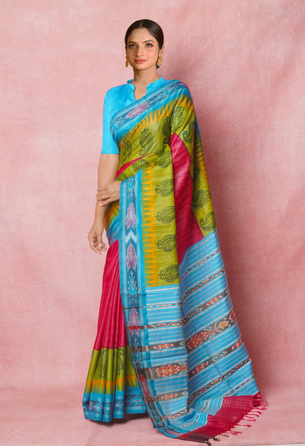 Pink Pure Handloom Hand Block Printed Vidarbha Tussar Silk Saree-UNM74527