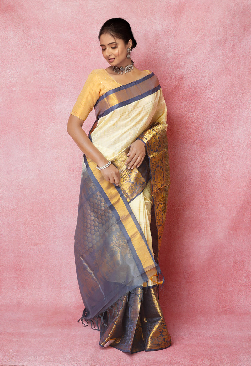 Cream-Grey Pure Handloom Assam With Checks Zari Weaving Silk Saree-UNM74528