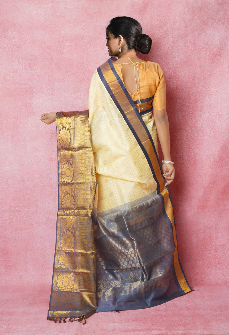 Cream-Grey Pure Handloom Assam With Checks Zari Weaving Silk Saree-UNM74528