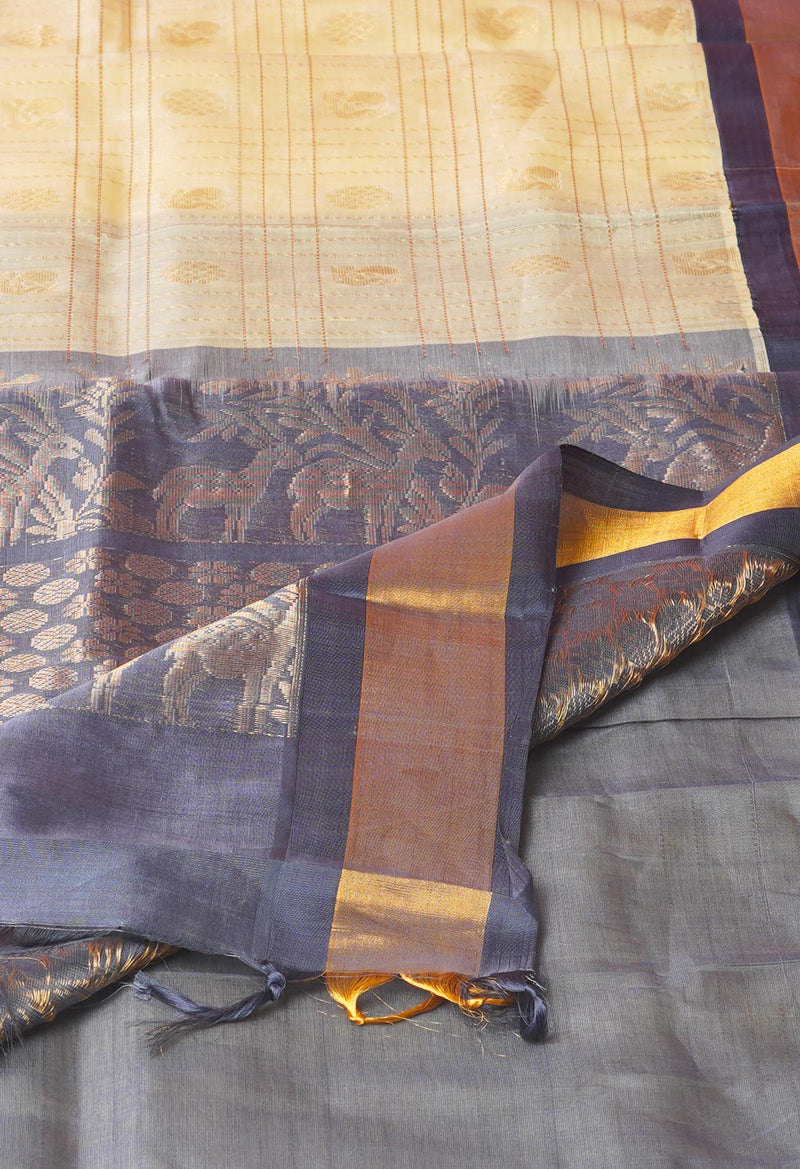 Cream-Grey Pure Handloom Assam With Checks Zari Weaving Silk Saree-UNM74528