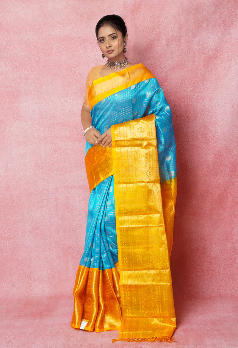 Blue-Yellow Pure Handloom Assam With Checks Zari Weaving Silk Saree-UNM74530