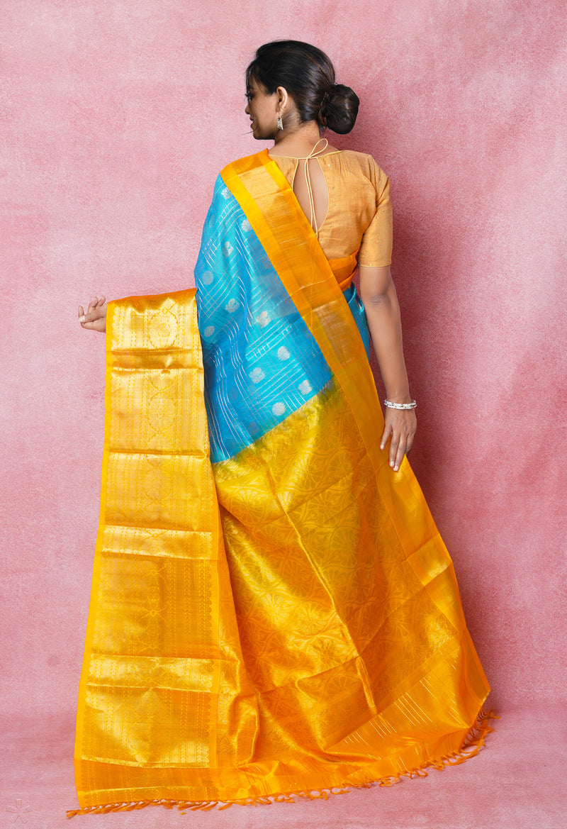 Blue-Yellow Pure Handloom Assam With Checks Zari Weaving Silk Saree-UNM74530