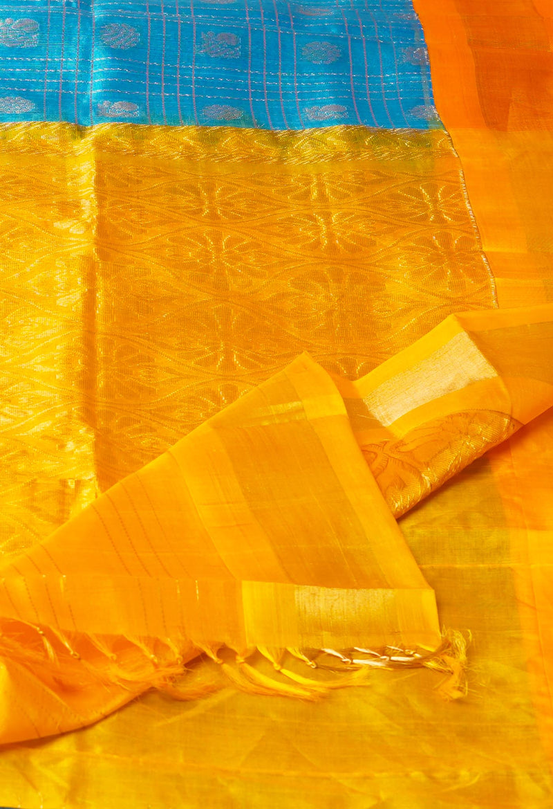 Blue-Yellow Pure Handloom Assam With Checks Zari Weaving Silk Saree-UNM74530