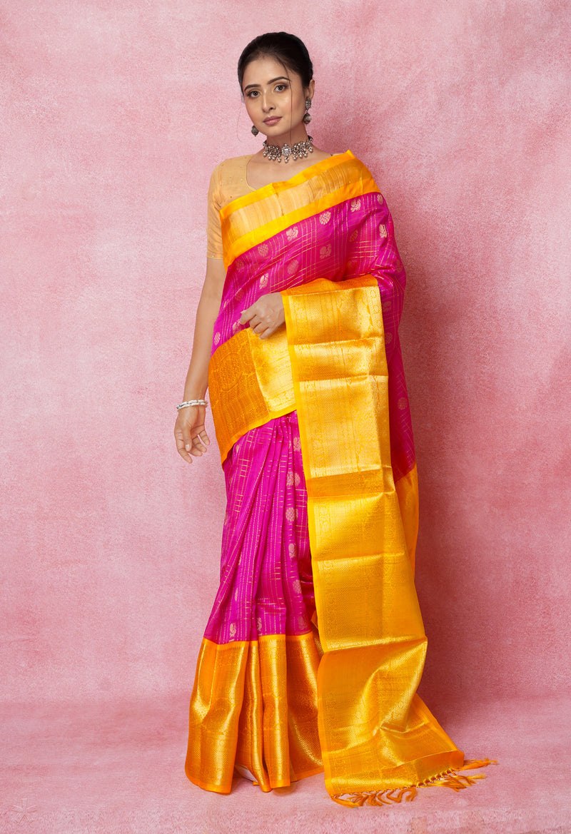Pink-Yellow Pure Handloom Assam With Checks Zari Weaving Silk Saree-UNM74531