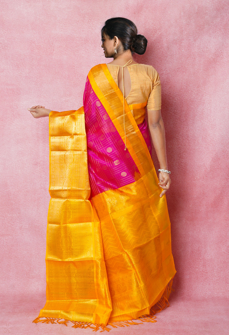 Pink-Yellow Pure Handloom Assam With Checks Zari Weaving Silk Saree-UNM74531
