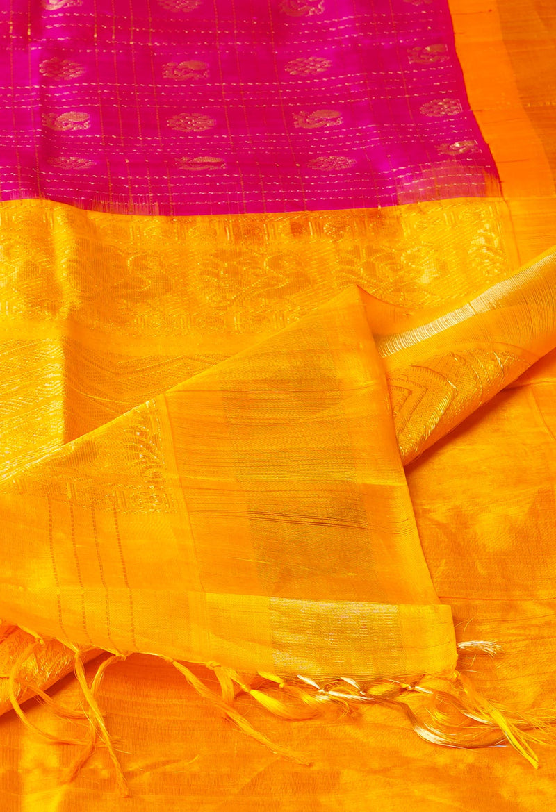 Pink-Yellow Pure Handloom Assam With Checks Zari Weaving Silk Saree-UNM74531