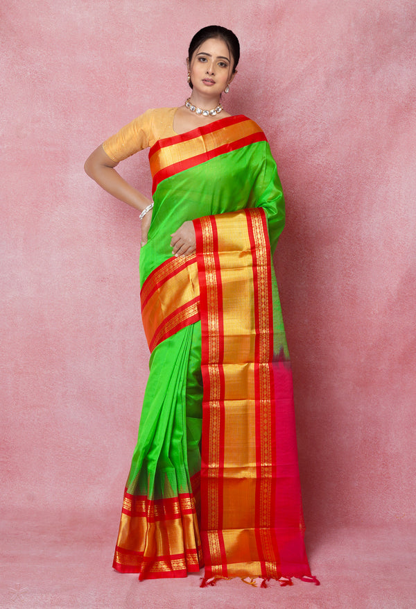 Parrot Green-Red Pure Handloom Assam Silk Saree-UNM74532