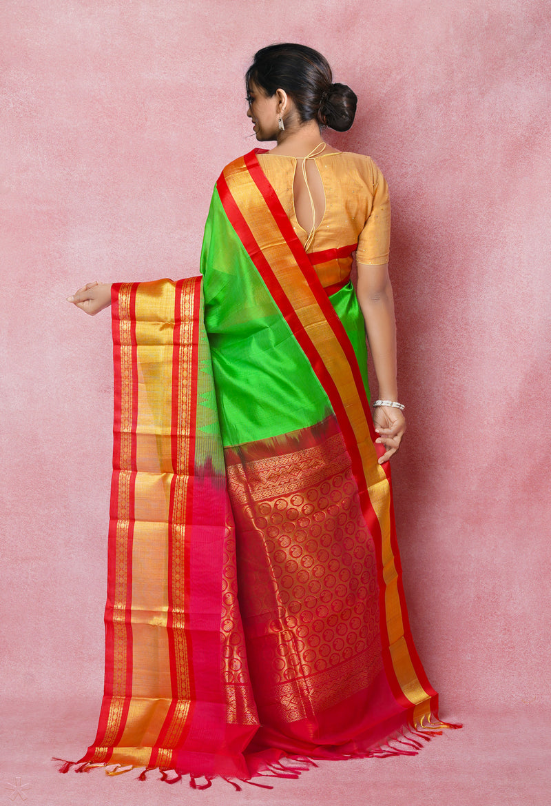 Parrot Green-Red Pure Handloom Assam Silk Saree-UNM74532