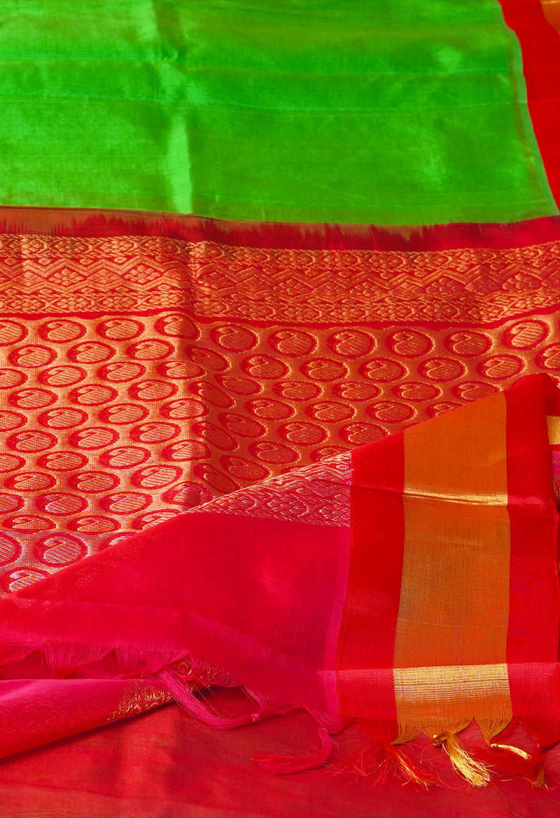 Parrot Green-Red Pure Handloom Assam Silk Saree-UNM74532