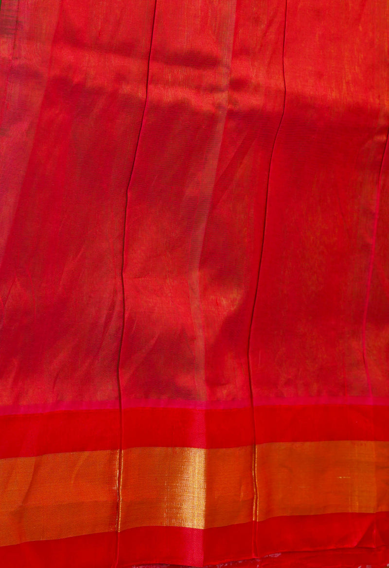 Parrot Green-Red Pure Handloom Assam Silk Saree-UNM74532