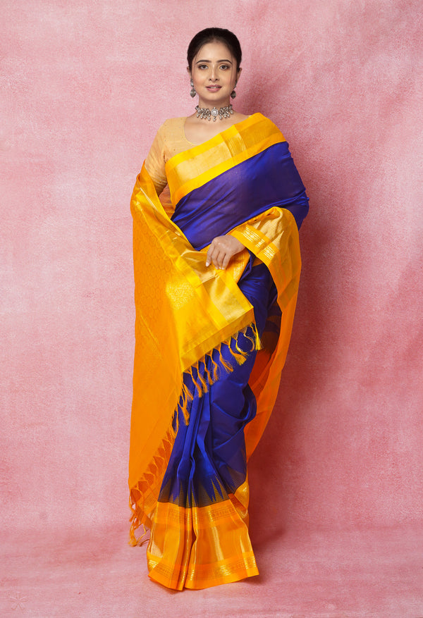 Dark Blue-Yellow Pure Handloom Assam Silk Saree-UNM74533