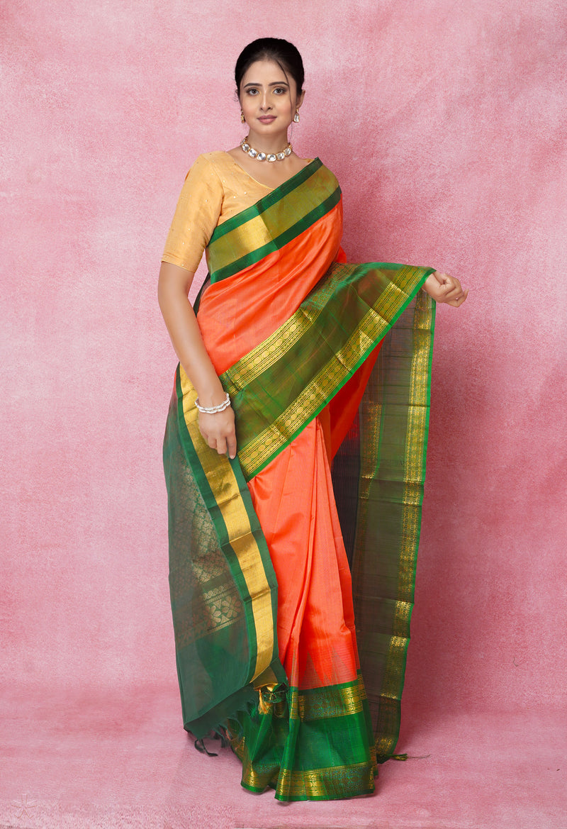 Coral Red-Green Pure Handloom Assam Silk Saree-UNM74534
