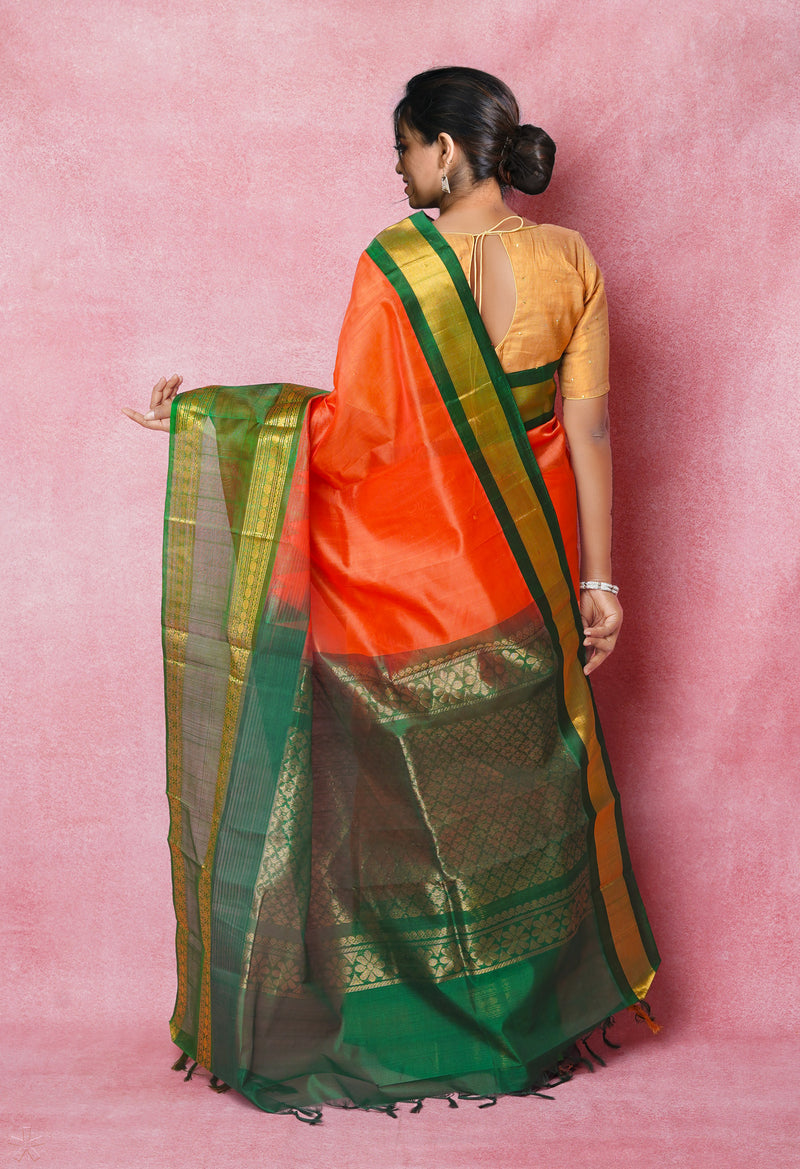 Coral Red-Green Pure Handloom Assam Silk Saree-UNM74534