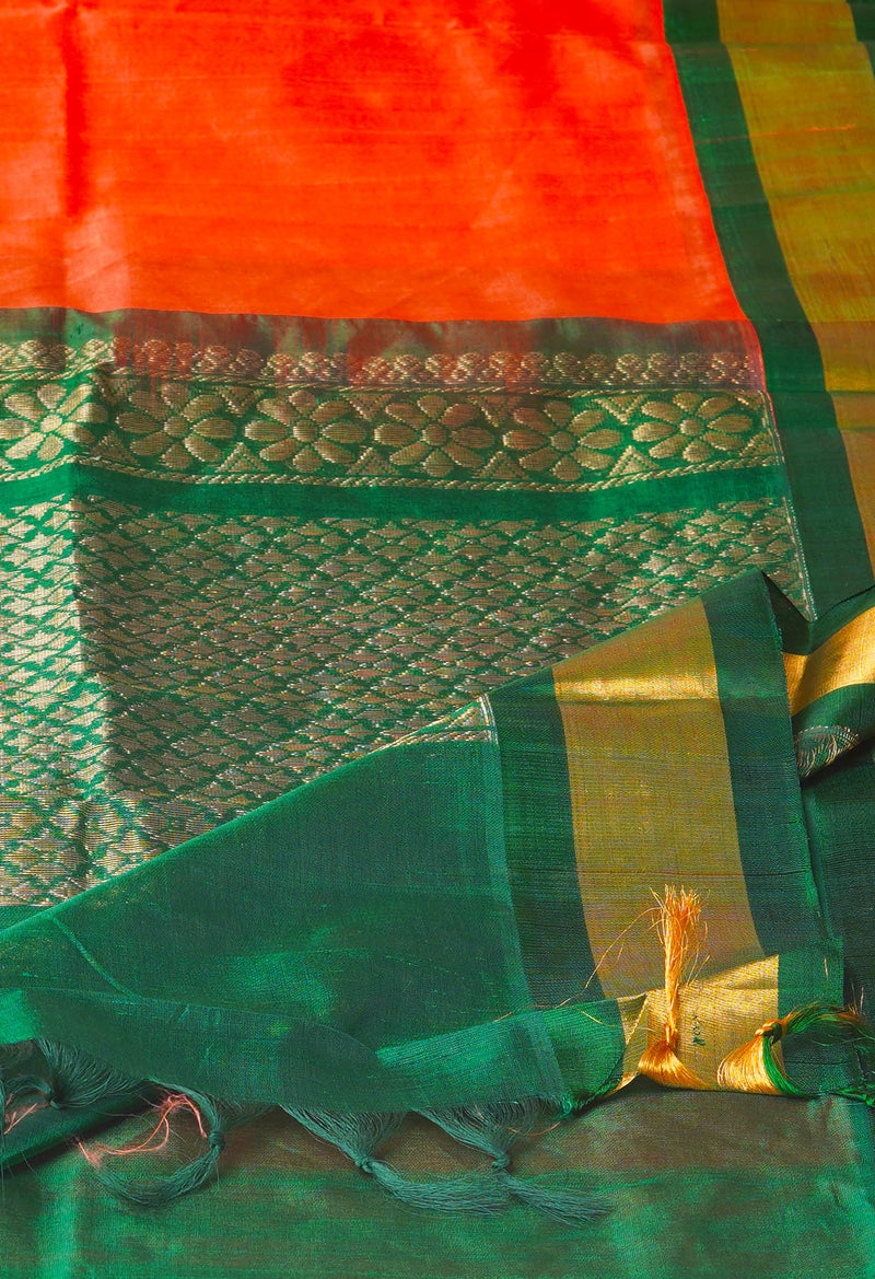 Coral Red-Green Pure Handloom Assam Silk Saree-UNM74534