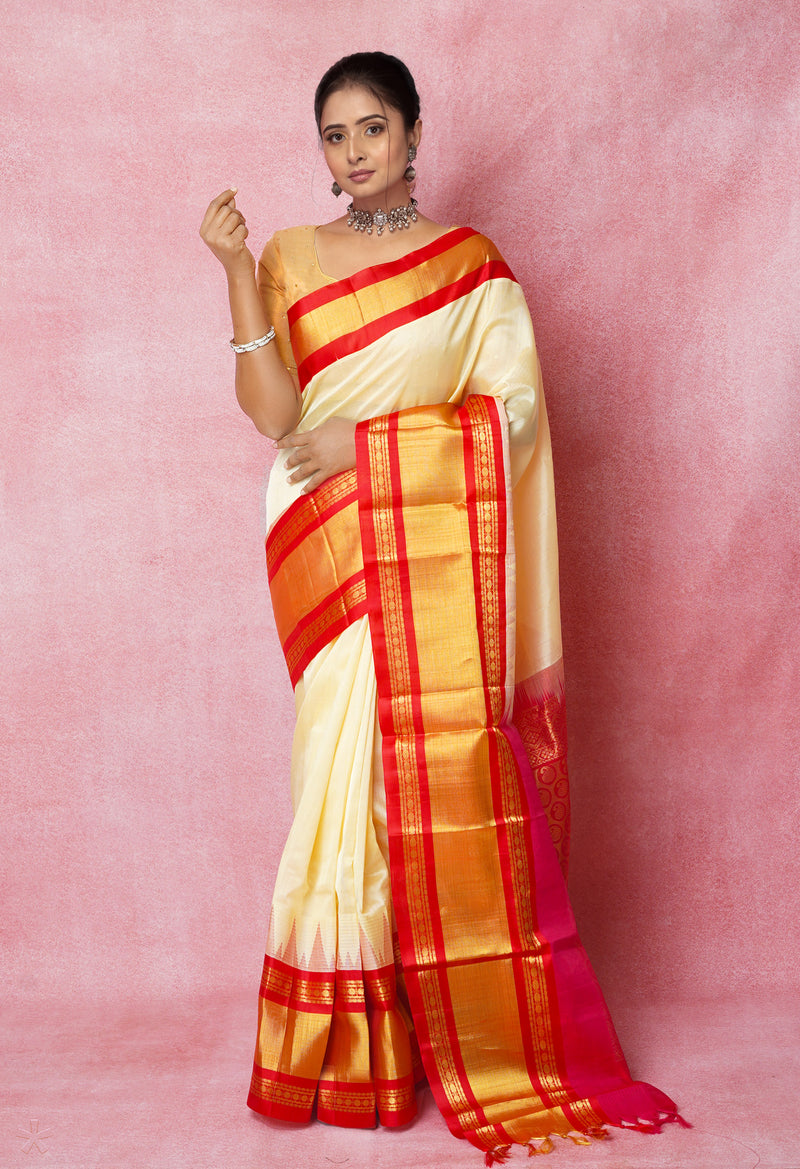 Cream-Red Pure Handloom Assam Silk Saree-UNM74535
