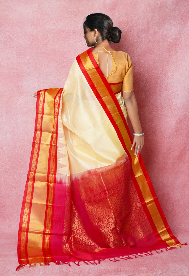 Cream-Red Pure Handloom Assam Silk Saree-UNM74535