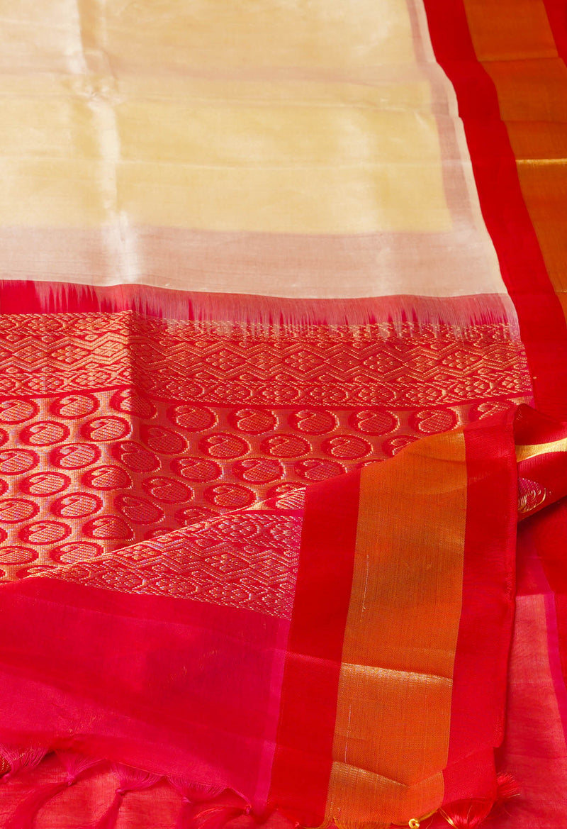 Cream-Red Pure Handloom Assam Silk Saree-UNM74535