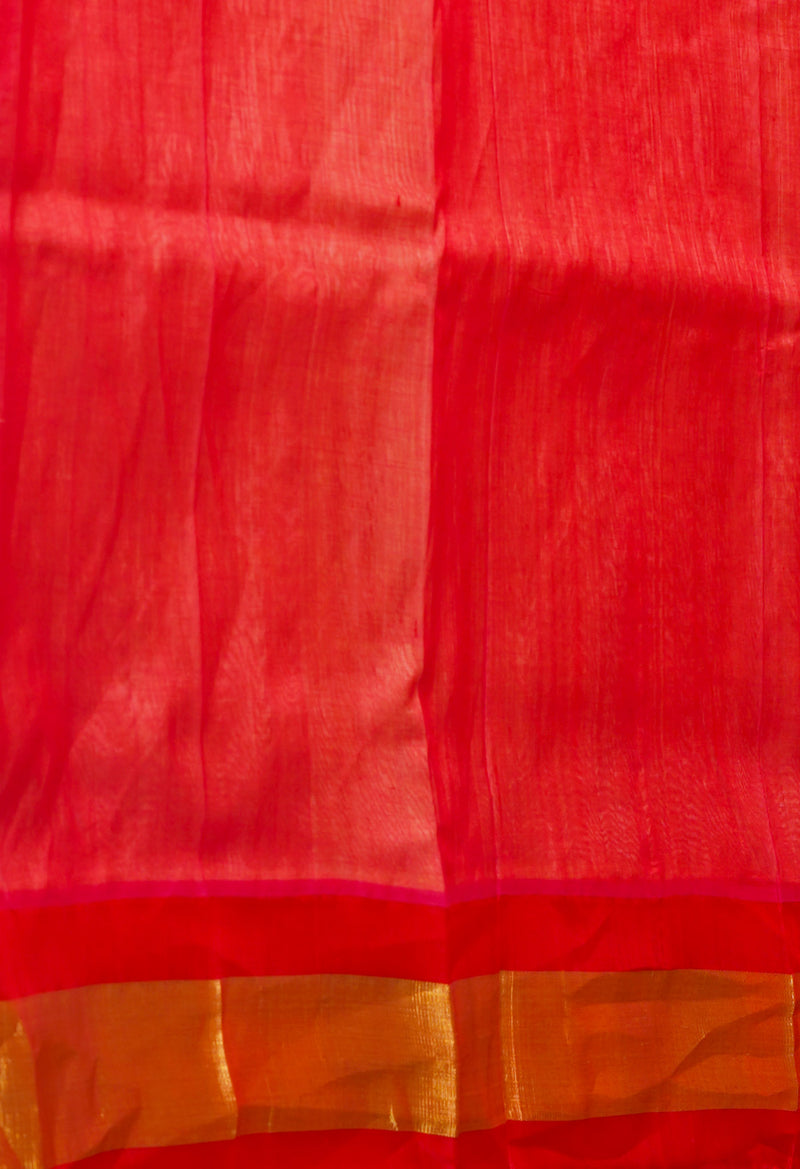 Cream-Red Pure Handloom Assam Silk Saree-UNM74535