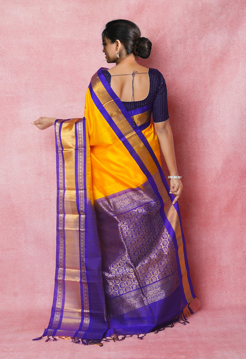 Yellow-Dark Blue Pure Handloom Assam Silk Saree-UNM74536