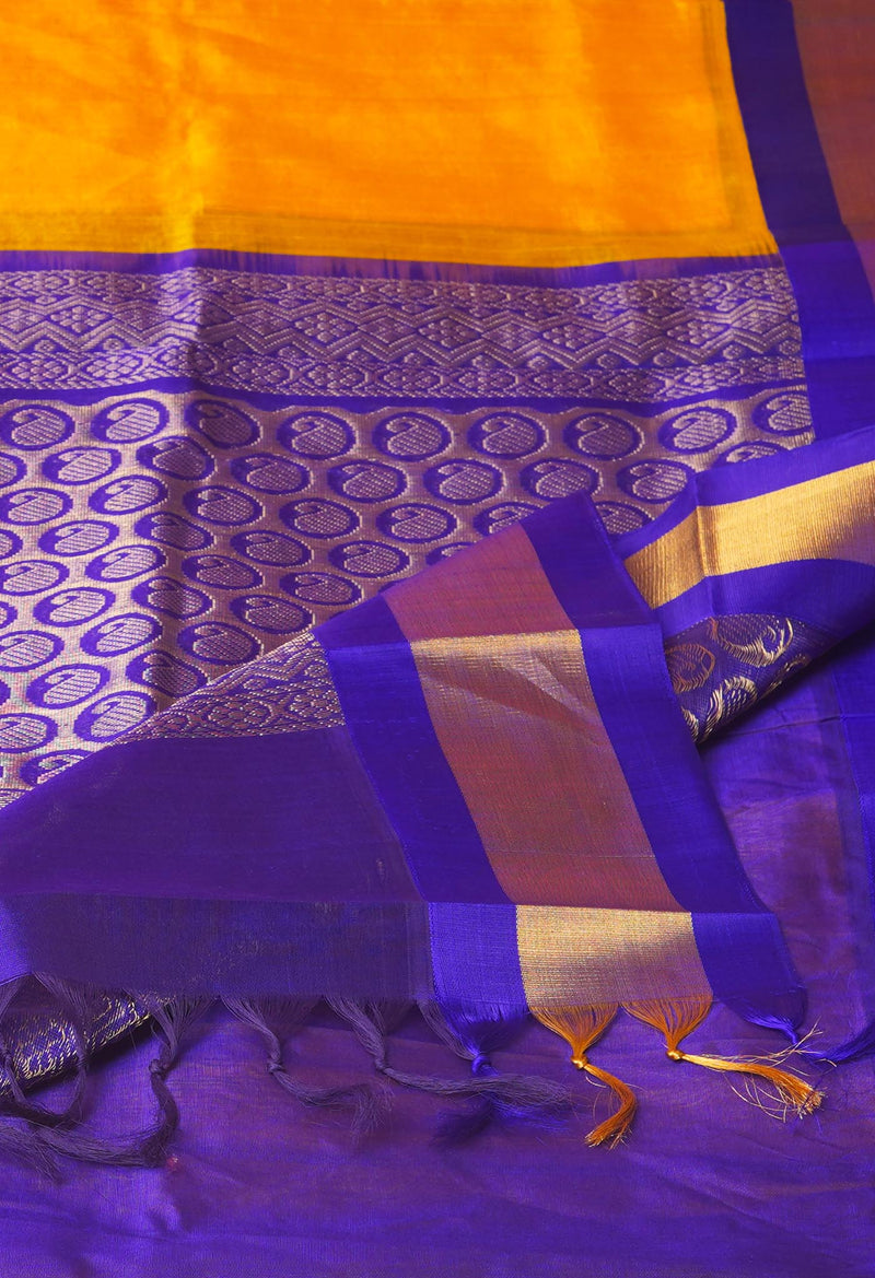 Yellow-Dark Blue Pure Handloom Assam Silk Saree-UNM74536