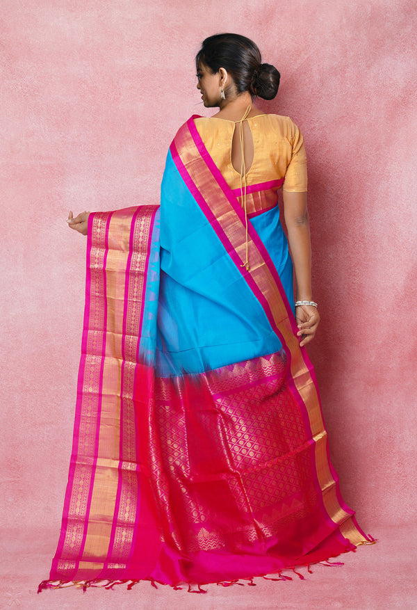 Blue-Pink Pure Handloom Assam Silk Saree-UNM74537