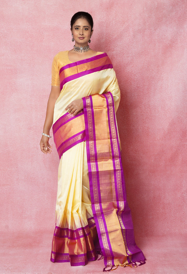 Cream-Purple Pure Handloom Assam Silk Saree-UNM74538