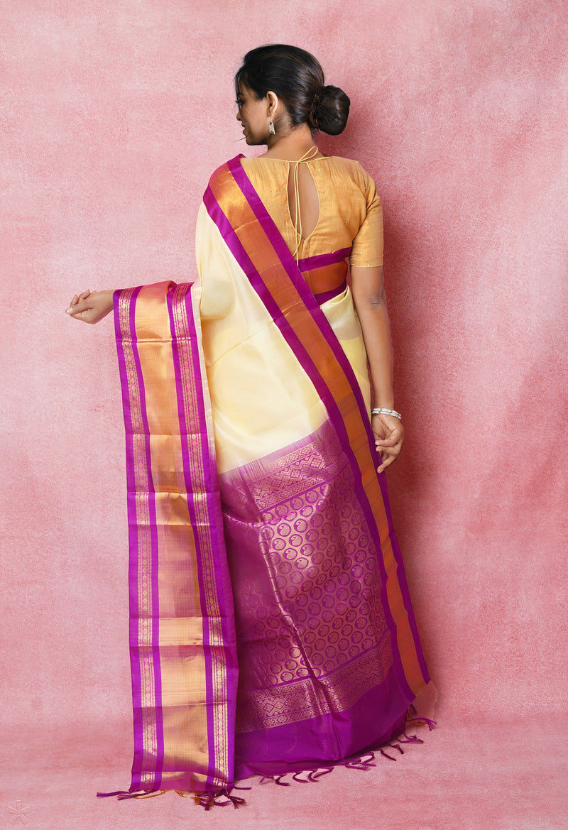 Cream-Purple Pure Handloom Assam Silk Saree-UNM74538