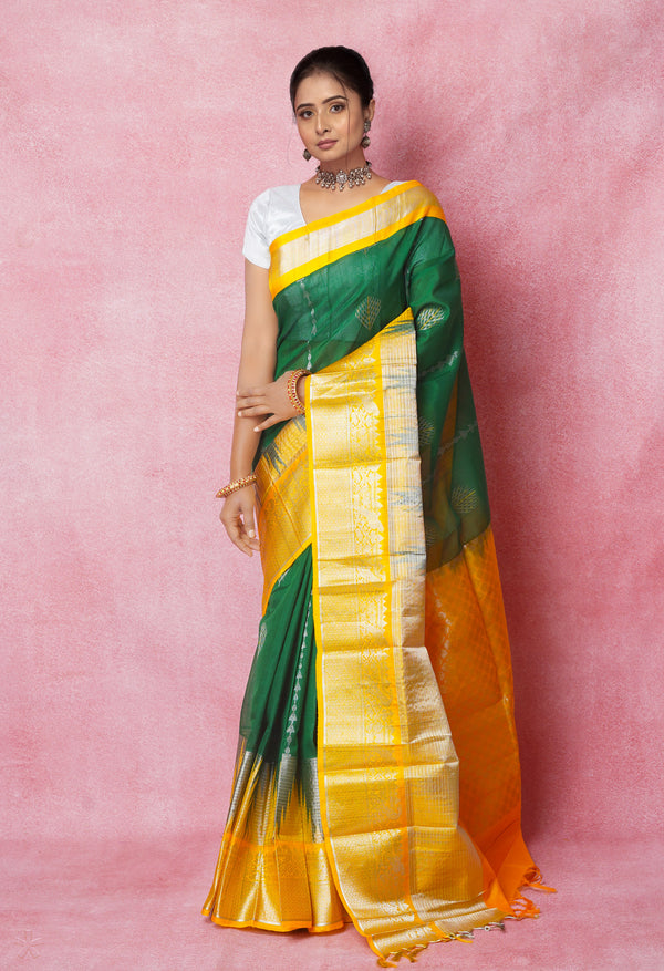 Green-Yellow Pure Handloom Assam Silk Saree-UNM74539