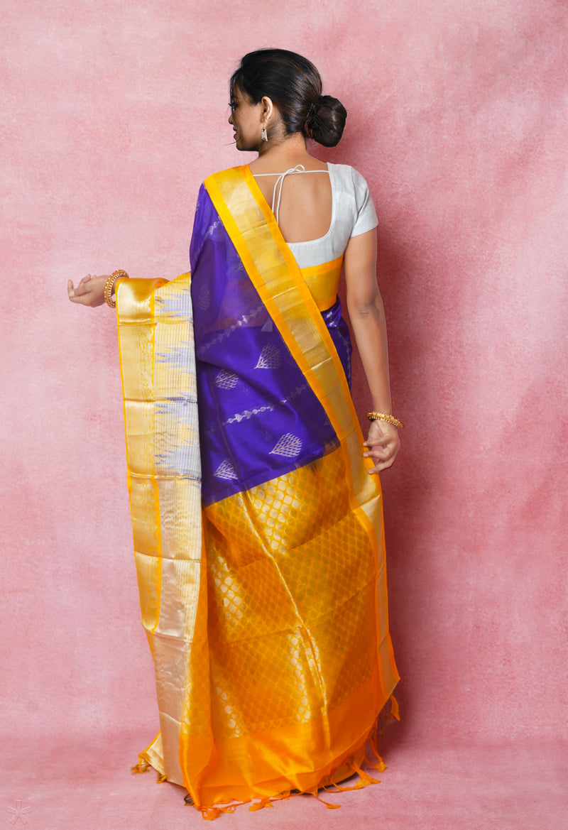 Dark Blue-Yellow Pure Handloom Assam Silk Saree-UNM74542