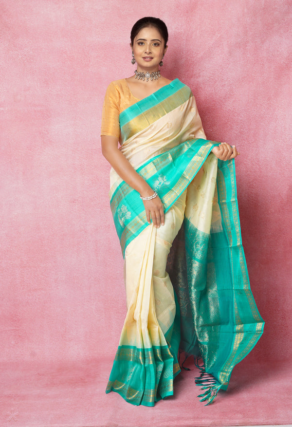 CreamTurquoise Blue Pure Handloom Assam Silk Saree-UNM74543