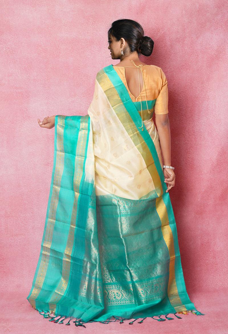 CreamTurquoise Blue Pure Handloom Assam Silk Saree-UNM74543