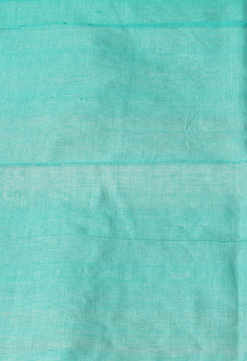 CreamTurquoise Blue Pure Handloom Assam Silk Saree-UNM74543
