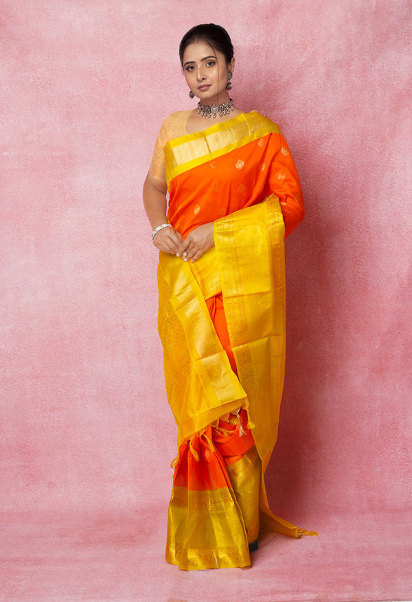 Orange-Mehandi Green Pure Handloom Assam Silk Saree-UNM74545
