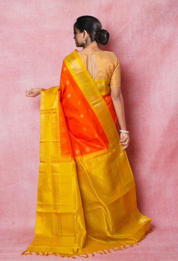 Orange-Mehandi Green Pure Handloom Assam Silk Saree-UNM74545