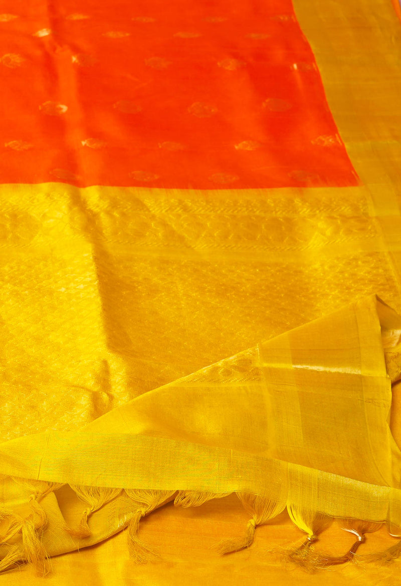 Orange-Mehandi Green Pure Handloom Assam Silk Saree-UNM74545