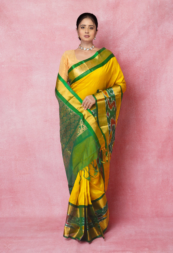 Yellow-Dark Green Pure Handloom Assam Silk Saree-UNM74546