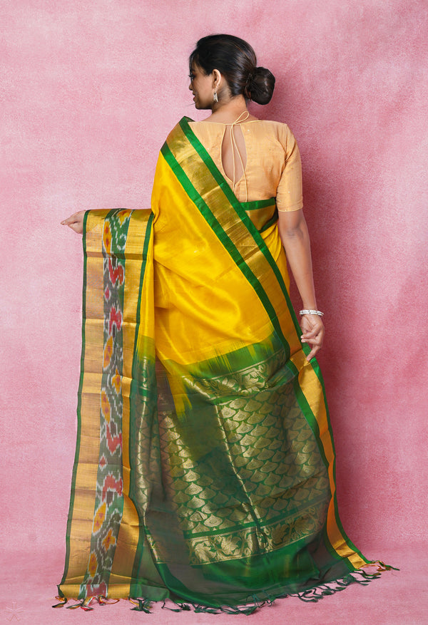 Yellow-Dark Green Pure Handloom Assam Silk Saree-UNM74546