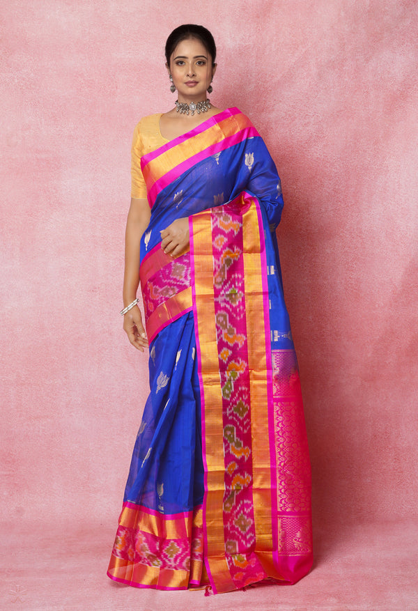 Blue-Pink Pure Handloom Assam Silk Saree-UNM74547