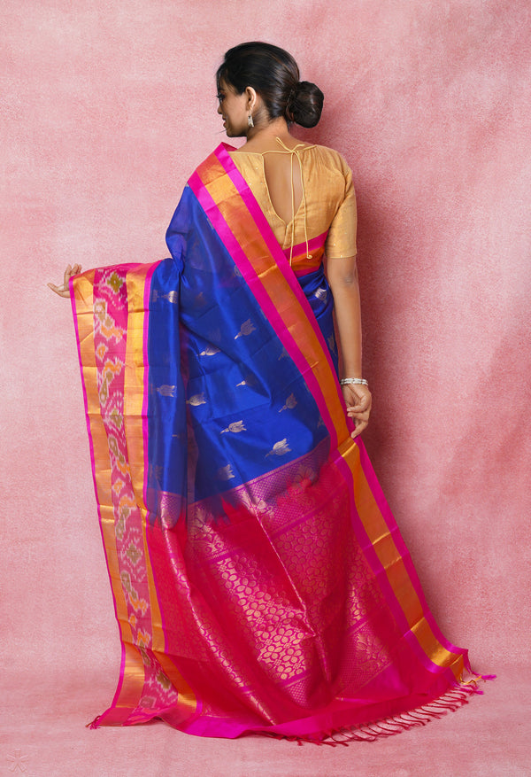 Blue-Pink Pure Handloom Assam Silk Saree-UNM74547